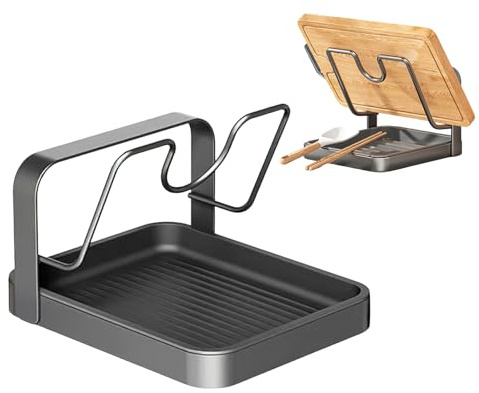 JDKJAG Multi-Functional Kitchen Pot Lid Organiser - Countertop Pot Lid Rack with Detachable Drip Tray, Single/Double Layer Kitchen Storage Rack, Kitchen Worktop Organiser (Grey, single layer)