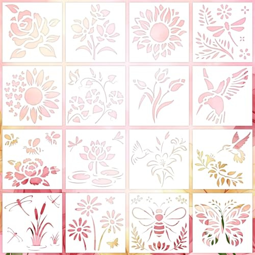 16pz Stencil Fiori Riutilizzabili, Stencil Colibrì Farfalla Girasole per Dipingere su Legno Tessuto Muro Tela Kit Modelli Floreali & Animali per DIY Fai Da Te Decorazione Casa