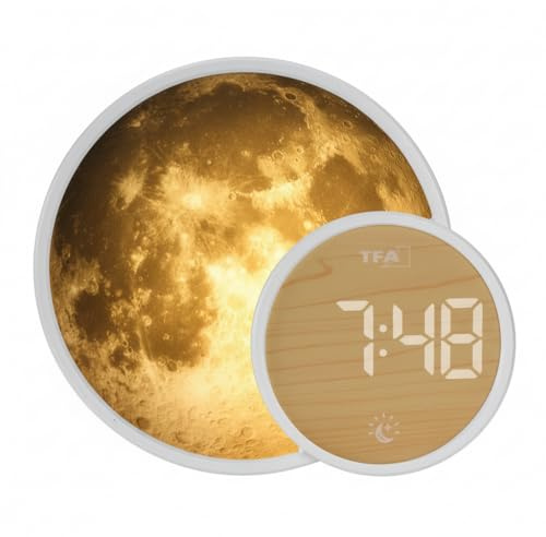 TFA Dostmann 60.2050 - Despertador digital con luz de ambiente, pantalla lunar, luz nocturna, Soluna Mini, despertador, función amanecer, ayuda para conciliar el sueño, función de carga, blanco