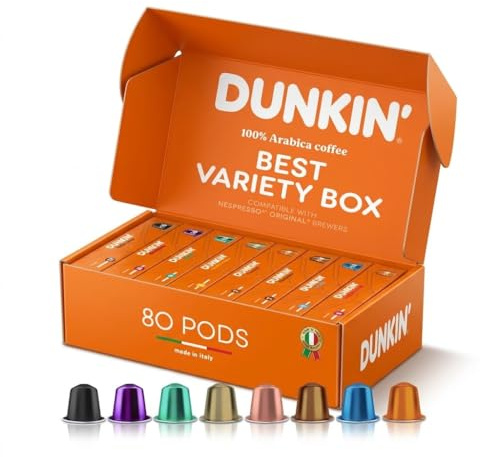 Capsules de Café Premium Dunkin’ Donuts – 80 Capsules, Coffret Variété avec 8 Saveurs à Découvrir, 100% Arabica, Compatibles avec les Machines Nespresso, Riche & Aromatique, Idée Cadeau