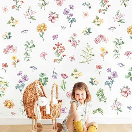 Supzone Wandtattoo Boho Blumen Wandaufkleber Bunte Wildblume Gras Wandsticker für Kinderzimmer Wohnzimmer Schlafzimmer Sofa TV Hintergrund Wanddeko