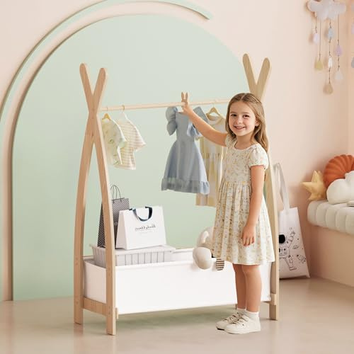 KEEPREAPER Kinder Kleiderständer Holz, Garderobenständer mit Aufbewahrungskiste und Kleiderstange, Kindergarderobe für Kinderzimmer, Mädchen (80 x 43 x 110cm)