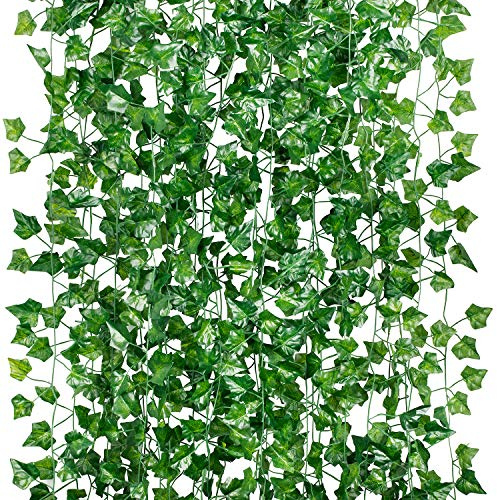 GPARK 84ft 12 Pack / 82 inch, Artificial Ivy Garland Fake Leaf Plants Vine, Hanging Leaves Garlands for Wedding Party Garden Kitchen Outdoor Greenery Wall Decor Green
