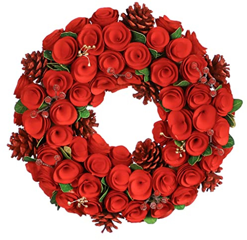 14 Front Door Winter Wreath Pine Cone/Red Rose Flower Wreath Christmas Garland Decoration (CR38)