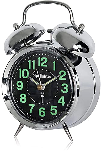 FISHTEC - Réveil Rétro Phosphorescent - Radiopiloté - Réveil Vintage avec Double Cloche - Fonctionne à Piles - Horloge de Chevet - Chromé - 18 CM - Vert Fluorescent - Vintage
