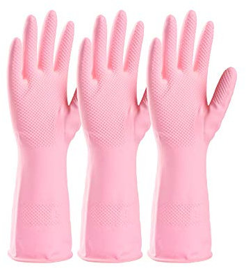 3 Pairs Reusable Household Cleaning dishwashing Kitchen Gloves, Long Sleeve Thick Latex, Painting, Gardening Gloves, pet Care (Pink,s)