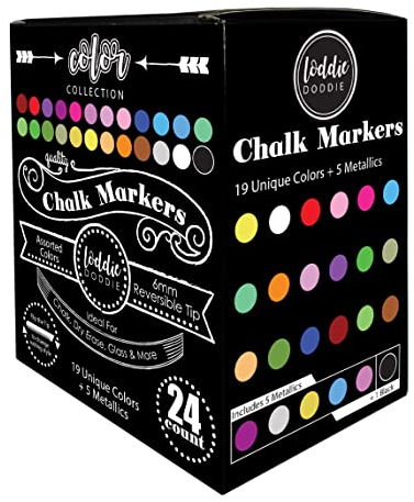 Loddie Doddie Liquid Chalk Markers (24-Pack) Dust Free Erasable Pens for Windows, Glass, Chalkboard & Blackboard 6mm Reversible Bullet & Chisel Tip