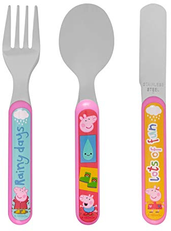Peppa Pig 3 Piece Cutlery Set – Metal, Reusable Children's Knife, Fork & Spoon, Kids-Size, Made from Food-Safe Stainless Steel & ABS Plastic – with Peppa & George – for 12 Months & Up, Pink