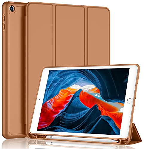 iMieet iPad 9. Generation Hülle 2021/iPad 8. Generation Hülle 2020 10,2 Zoll mit Stifthalter, iPad 7. Generation 2019 Hülle mit weicher Babyhaut Silikon Rückseite, Auto Wake/Sleep Cover (Braun)