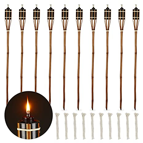 Relaxdays Set da 10 Fiaccole per Giardino, Accensione ad Olio, in bambù, con Stoppino, Outdoor, Altezza 90cm, Marrone