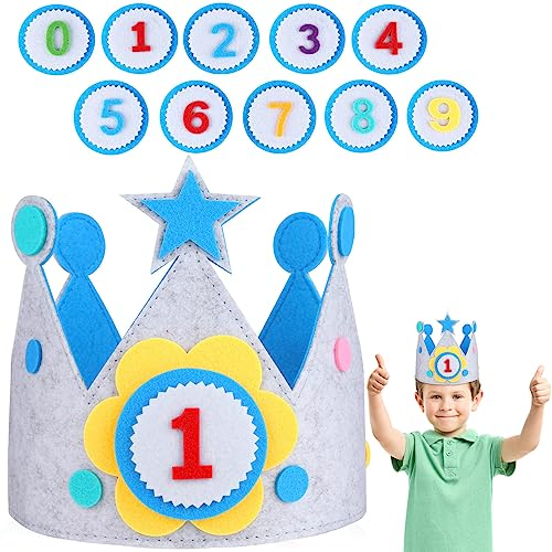 JOYUE Corona de Cumpleaños Infantil, Sombrero Unisex Con Números Intercambiables 0-9, Regalo (Con 2 Decoración de Pasteles) (Bleu)