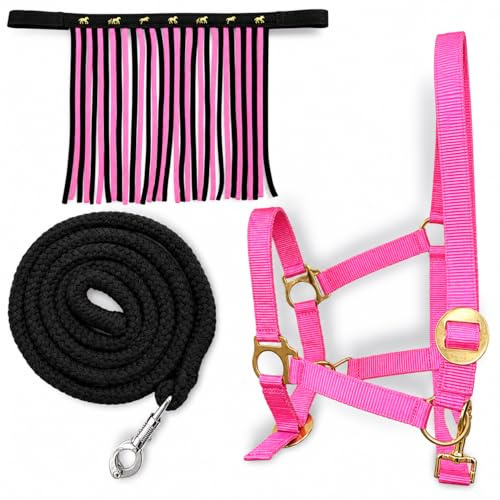 Protector Cabestro para caballos con cuerda y flecos de mosca, cabestro con punto – Cabestro Pony Shetty Cabestro Cob Full Kb (sangre fría (X-Full), negro-rosa + negro + rosa)