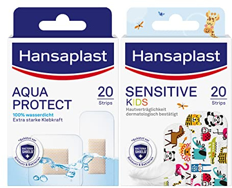 Hansaplast Kinderpflaster Sensitive (20 Strips), Wundpflaster mit niedlichen Tiermotiven zum Aufmuntern + Aqua Protect Pflaster (20 Strips), wasserfeste Wundpflaster mit extra starker Klebkraft