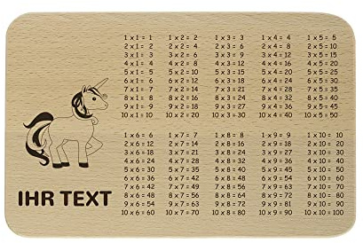 Frühstücksbrettchen Einhorn personalisiert, Holz graviert, 1x1 lernen | Buchenholz-Brett mit Namensgravur, Einhorn-Motiv & kleinem Einmaleins – Geschenk zur Einschulung, 23x15x1 cm