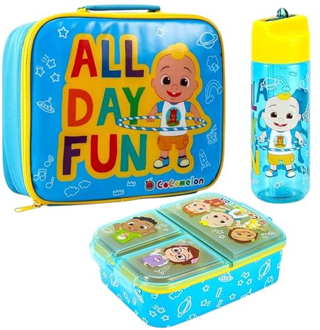 Zawadi Global Cocomelon Kids Childrens Lunch Box Set – Insulated Lunch Bag, Multicompartment Lunch Box & 580ml Water Bottle - School Travel Lunch Food Set, BPA Free