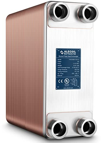ALECOIL 5x12-100 Plates Heat Exchanger with 1-1/4 MPT Port Water to Water 316L Stainless Steel Brazed Plate Heat Exchanger for Water Heating, Floor Heating, Commercial Refrigeration(5X12-100P)