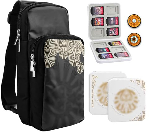 RHOTALL Tragbare Reise-Tragetasche für Nintendo Switch/OLED/Lite/Switch 2, große Kapazität, Schwarze Umhängetasche mit 12 Steckplätzen, Spielhülle, Daumengriffkappen für Tränen des Königreichs
