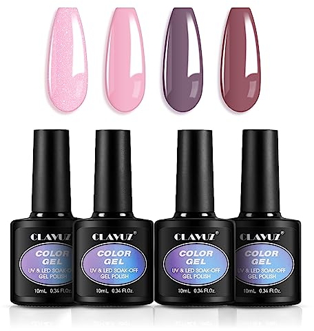 CLAVUZ Esmaltes Semipermanentes de Uñas en Gel, Purpurina Rosa Púrpura Esmaltes Semipermanentes para Uñas 4pcs, UV LED Kit Uñas Semipermanentes Pintauñas Semipermanentes Set
