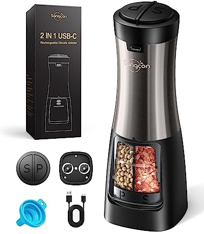 Sangcon Juego de molinillos eléctricos 2 en 1 para sal y pimienta, recargable por USB, molinillo de sal y pimienta, doble en uno, molinillo de cerámica ajustable recargable automático con luz