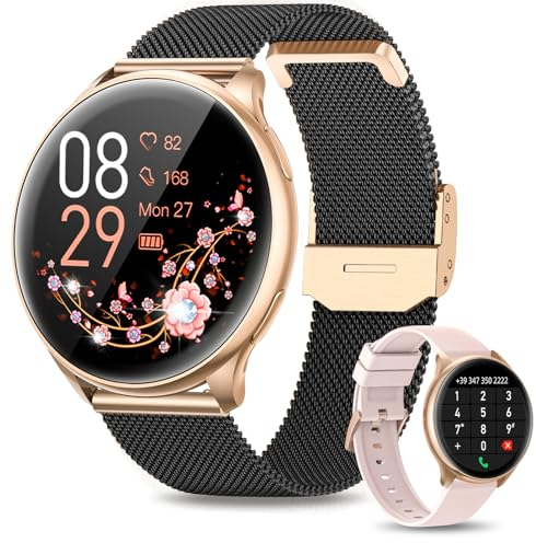 RUXINGX Smartwatch Damen mit Telefonfunktion, 1,32 Zoll HD Voll Touchscreen, IP68 Fitness Tracker mit SpO2 Pulsuhr Menstruationszyklus Schlafmonitor Schrittzähler Kalorien iOS Android Schwarz Gold