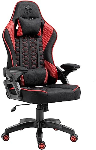 KRAKEN CHAIRS Gaming Stuhl Stoff Ergonomisch - Rot Gamer Stuhl Mit Lendenkissen, Kopfkissen und 2D Armlehnen, Bürostuhl Mit Wippfunktion, 120° Rückenlehne, 130 kg Belastbarkeit