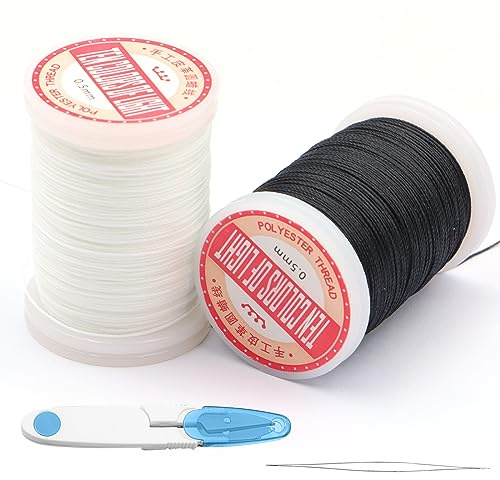 ZYKORT Filo Cerato in Cotone per Bracciali e Perline Con Forbici e Ago - 120m, 0,5 mm*2 (Nero*1+Bianco*1)