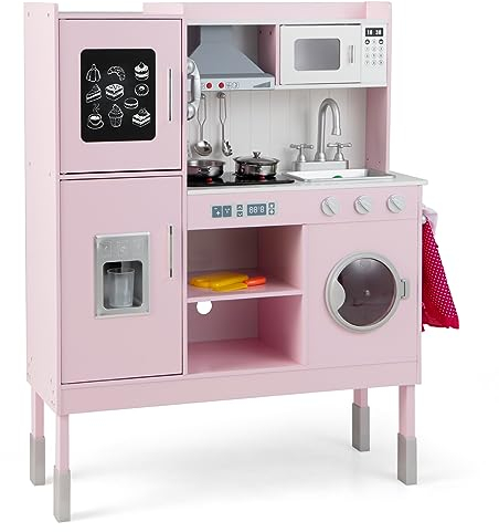 GOPLUS Kinderküche mit Kochfeld, Pretend-Spielset mit Mikrowelle, Eismaschine, Waschmaschine, Abzugshaube & 16 TLG. Zubehör, Spielküche mit Licht- & Soundeffekt für Kinder ab 3 (Groß)