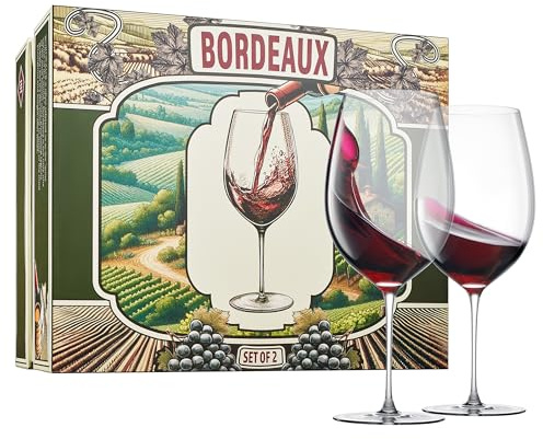 Bordeaux Explained Crystal Wine Glasses Hand Blown Italian Style | Set of 2 | Large 32 OZ Bordeaux's Definition Red Wine, Gift Box Explanation Packaging - Thin, Lead-Free Premium Dishwasher Safe Glass