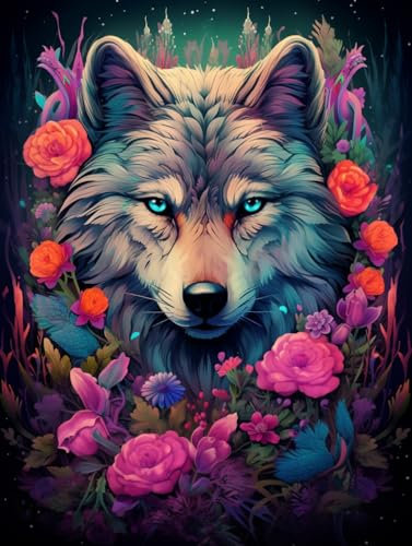 AMBATTERY Knüpfkissen Aquarell Wolf Und Blumen Riegel Haken Teppich Kits Für Erwachsene Kinder Bedruckte Leinwand Häkeln Handarbeit Handwerk Teppich Kissen Matte Wandteppich 35x46in
