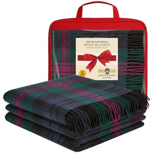 BRAW CLANS TARTANS Decke aus 100% Reiner Wolle, 188 x 157 cm, Schottenkaro Mit Fransen - Weich, Kariert, Gemütlich für Sofa, Camping, Picknick - Warme Winterdecke (Baird Modern)