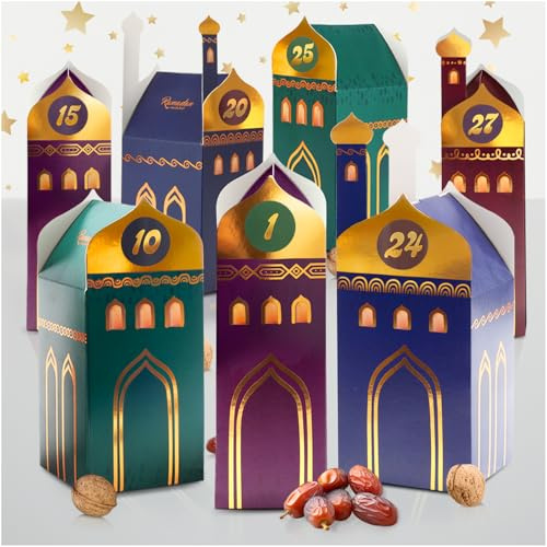 Lunarae Calendrier Ramadan Set - 30 maisonnettes à remplir réutilisables I Calendrier Ramadan pour enfants I Idéal decoration Ramadan 2026 I Avec des chiffres autocollants 1-30 I Ramadan decoration