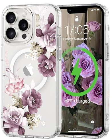 L-FADNUT für iPhone 13 Pro Max Hülle Transparent Blumen Muster Lila | Magnetisch Handyhülle Kompatibel mit MagSafe, Durchsichtig Schutzhülle Hart PC Rückseite Dünne Stoßfest Kratzfestes Case