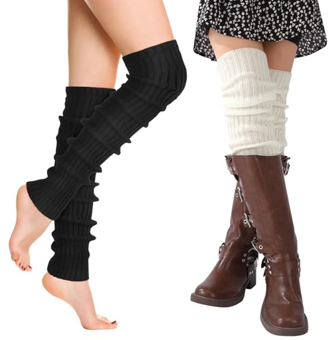 dusaniyali 2 Paar Leg Warmers, Stulpen Damen Beinstulpen Langer Beinwärmer Frauen Winterstiefelmanschetten Warme Kniewärmer Stulpen Beinstulpen Beinwärmer 90er Jahre Kawaii Häkelstulpen（Weiß）