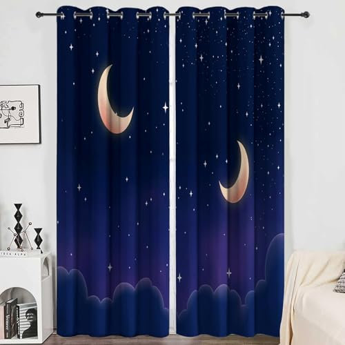 Verdunklungsvorhänge Gardinen mit Ösen Blickdichte Vorhänge Lärmschutzvorhang für Kinderzimmer Thermo Gardinen mit Nachthimmel Halbmond Und Sterne Muster, 160 x 70 cm (HxB), 2er Set Schiebevorhänge