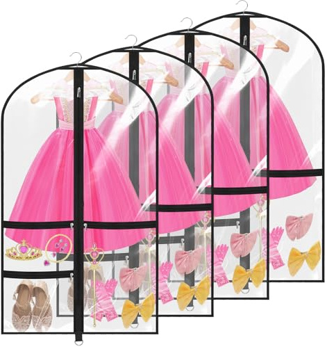 4 Pack Dance Garment Bags, 40 Clear Dance Costume Bags with 3 Pockets, Kids Garment Bags for Hanging Clothes Suit for Travel, Dance Competition and Closet Storage (Black)