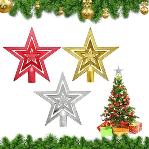 Top Star Weihnachtsbaumspitze, 3 Stück Glitzer Sterne, 10cm Kunststoff, Gold/Silber/Rot