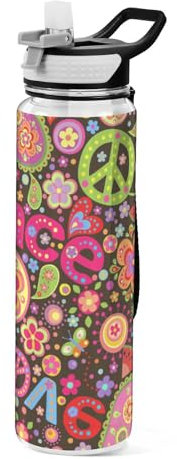 Mnsruu Transparente Sport-Wasserflasche mit Strohhalm, auslaufsichere Trinkflasche, Hippie, Frieden, Liebe, Paisely-Blumenmuster, Fahrradflaschen für Sport, Büro, Schule, BPA-freier Tritan-Kunststoff,