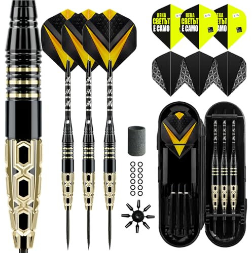 Lavishio Professional Steel Tip Darts Metal Tip Set mit Extra 3 Dart Flights, 3 Ersatz Plastik Shaft + Rubber O'Rings + Extra Flights + Dart Sharpen (gelblich schwarz)