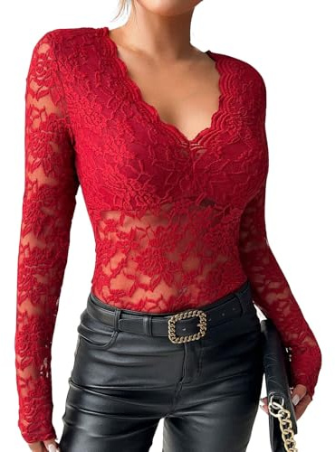 T-Shirt Transparent en Dentelle à Manches Longues pour Femme Haut Femme Chic et Elegant en Florale Transparente Chemise Sexy