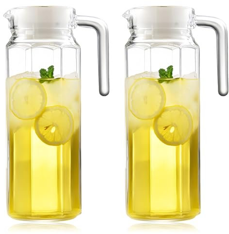 WIYETY 2 brocca per acqua trasparente con coperchio: 1,1 litri trasparente con coperchio, bottiglia per acqua in acrilico, brocca per tè freddo in plastica con manico, caraffa, per vino, caffè, acqua