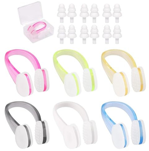 Schwimm-Nasenklammer mit 6 Paar Schwimm-Ohrstöpseln, wiederverwendbare Silikon-Nasenklammern zum Schwimmen mit Boxen, Ohrstöpsel zum Schwimmen, verstellbares Nasenklammer-Set für Erwachsene und Kinder