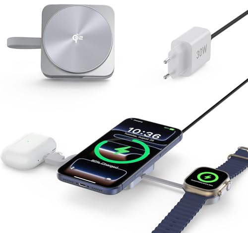 RoRoSkin Mag-Safe 3-i-1 laddningsstation för Apple Watch och iPhone med induktiv laddningsstation kompatibel med iPhone 17/16/15/14/13/12, Apple Watch 10/9, AirPods Pro 4/3/2