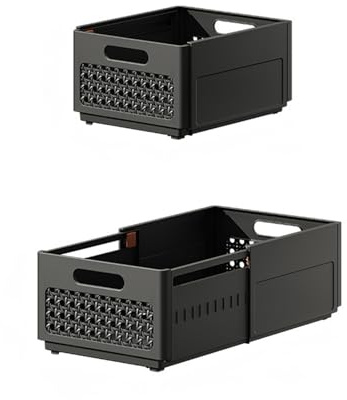 Ueiwffzo Aufbewahrungsbox Kunststoff Klappkiste Aufbewahrungskorb Dehnbar Organizer Box Aufbewahrungsbox Küchenschrank für Küche, Büro, Schlafzimmer, Schrank, Schublade (Schwarz,(28-48)*25 * 15cm)