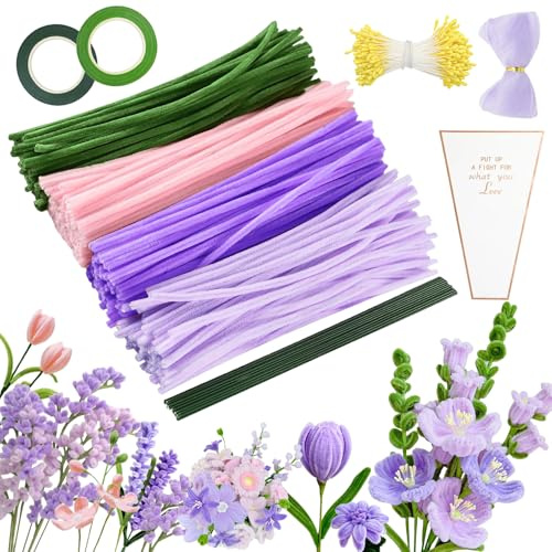 YSUVIN Pfeifenreiniger Blumen Set 785 Stück, Rosa Grün Lila Pfeifenputzer zum Basteln mit Staubgefäße, Blumenstiel, Fischschwanzgarn, Klebeband, Geburtstag Karte und Blumentasche für Blumen DIY