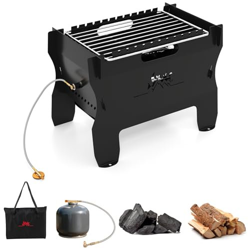 COSTWAY 2-in-1 Camping BBQ Grill, Portable Dual Fuel Butane Gas Fire Pit with Stainless Steel Grate and Carrying Bag, Outdoor Small Countertop Charcoal Wood Burning Grill (Black)
