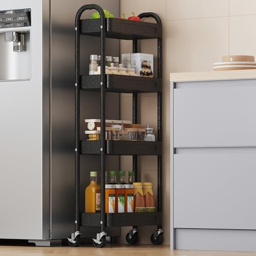 ZHYOCOGY Slim Metal Storage Trolley, Narrow Rolling Cart with Wheels, 18cm Wide Utility Rack for Bathroom, Kitchen, Laundry, Toilet Side, Carbon Steel Organizer with Mesh Baskets (black, 4 tier)