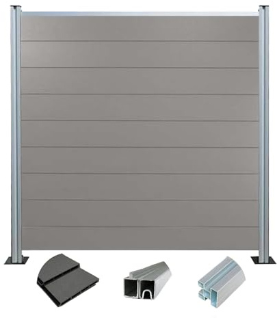 Woodstore24 WoodoZaun - WPC Sichtschutzzaun - Grau - 185 cm x 180 cm - Gartenzaun Komplettset - inkl. Pfosten Silber Eloxiert - 2x Zaun & 3x Pfosten