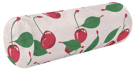 Almohada terapéutica para el cuello, almohada redonda pequeña, almohada cilíndrica, soporte decorativo para el cuello, para coche, cerezas rojas, hojas verdes