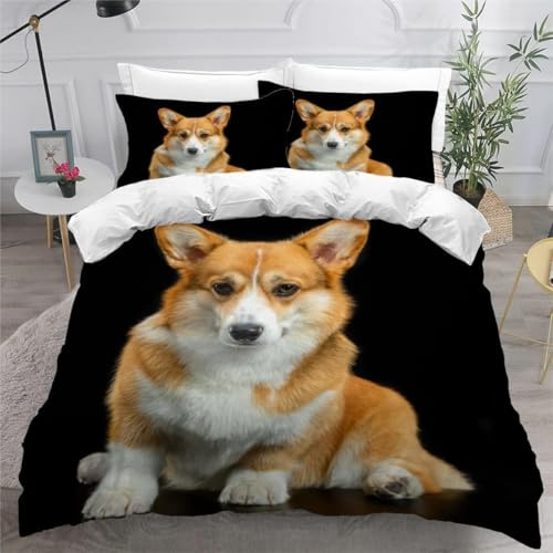 Housse de Couette 200x200 Welsh Corgi Imprimée 3D Animaux Mignons Parure de Lit 2 Personnes Doux Microfibre Literie avec 2 Taies D'oreillers 65x65 cm avec Fermeture Éclair N.2890