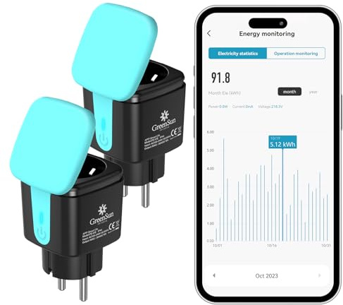 GreenSun Prise Connectée Extérieure IP44, 16A 3680W, Suivi de Consommation, Compatible Alexa et Google Home, Contrôle via Smart Life, WiFi 2,4 GHz, Cyan/Noir, 2 Unité